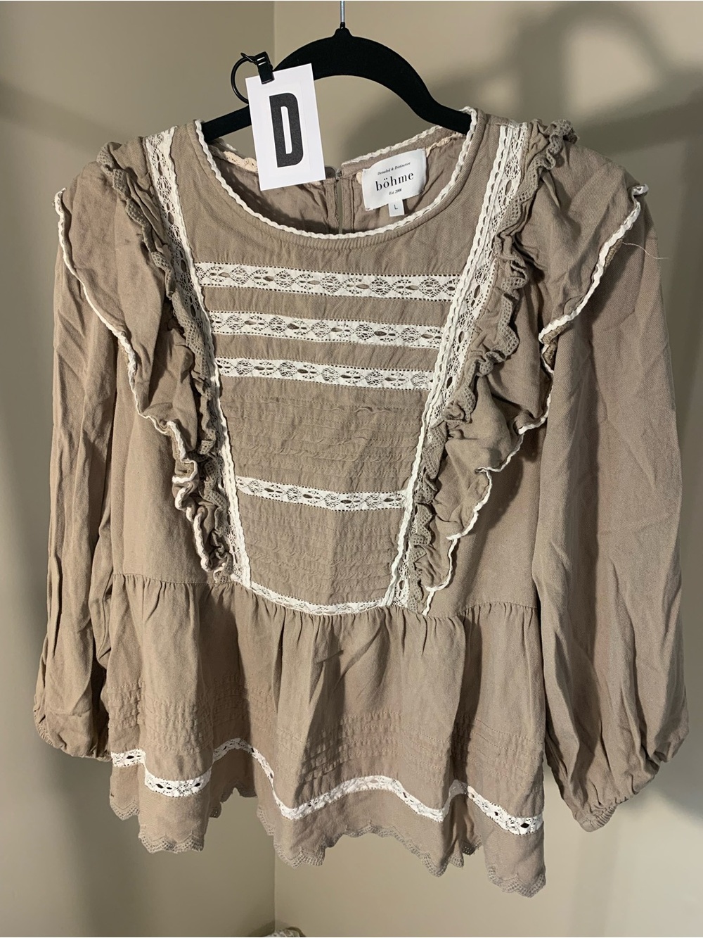 Boheme Taupe Ruffle Lace Peasant Blouse